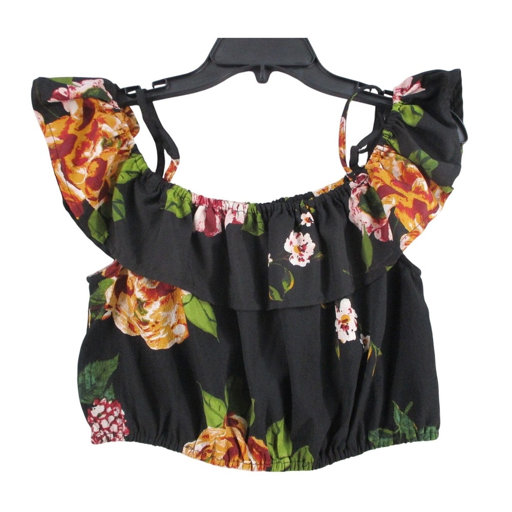 Feathers Floral Crop Top Black Ruffle Off Shoulder Spaghetti Strap Womens Large